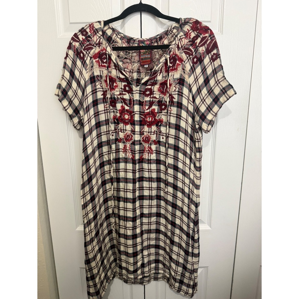Johnny Was S Plaid Embroidered Tunic Dress Floral Boho Western Grunge